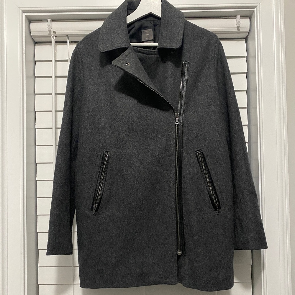 Gap Gray Wool Coat w/ black Leather Trim